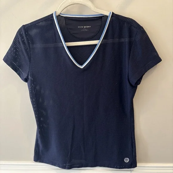 Tory Burch Sport Navy Blue Fitted Mesh Top Medium Luxury Sportswear - Picture 1 of 5